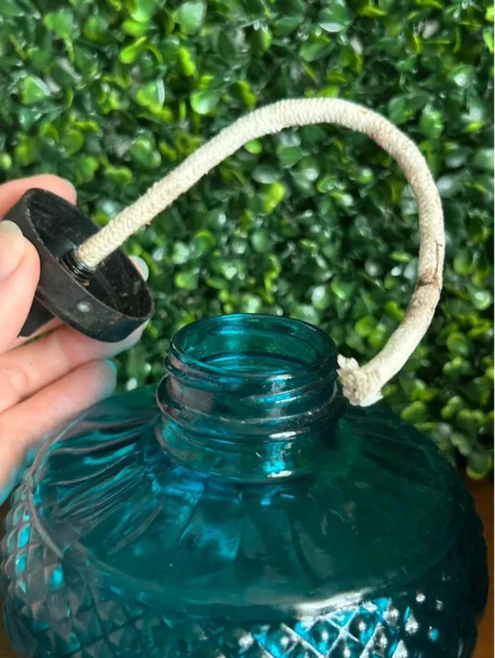 Vintage Pier 1 Blue Glass Oil Lamp Diamond Quilt Hurricane Lamp